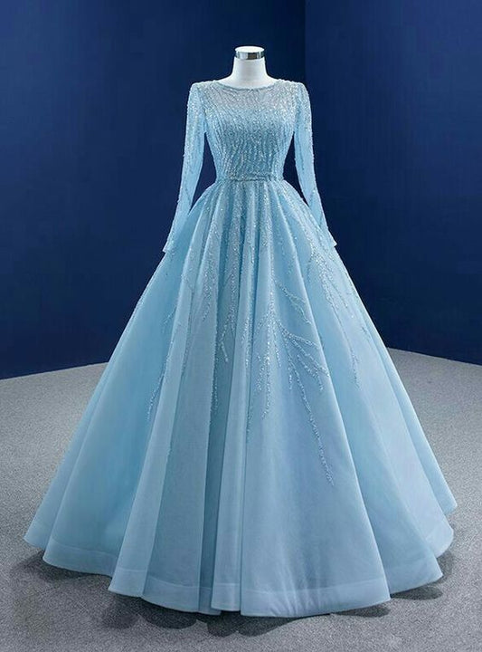 Tulle A Line Elegant Light Blue Evening Dress New O Neck Sequined Lace Formal Prom Gowns        fg6464