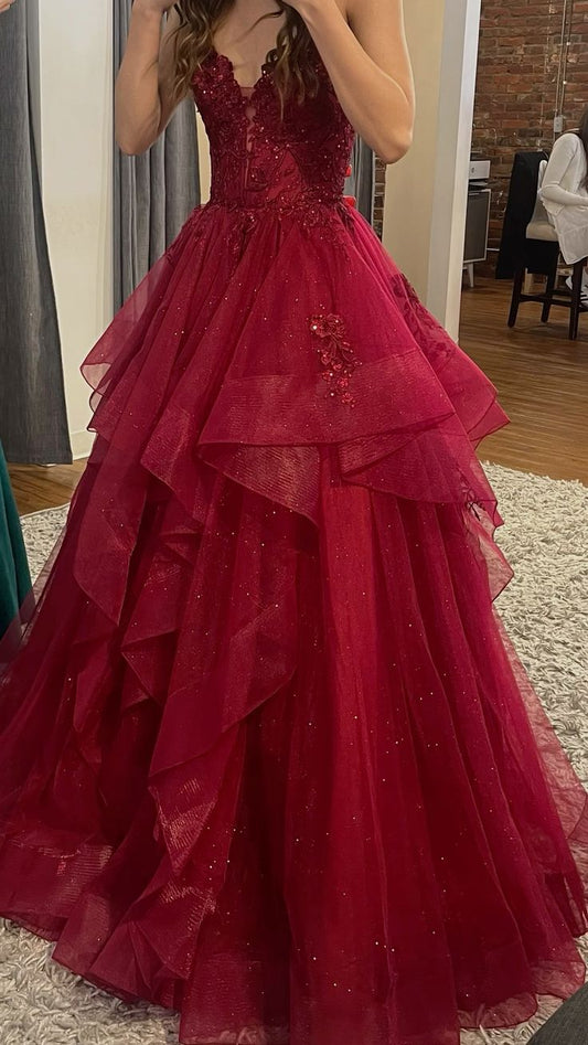 Burgundy Shinny Tulle A-Line Long Prom Dress Evening Party Dresses  fg7644