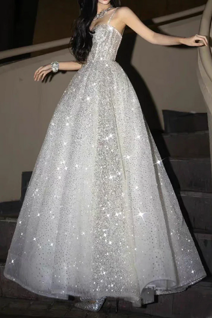 Glitter Spaghetti Straps Tulle Silver Sequin A Line Birthday Party Dress Long Evening Dress Prom Gown D1927