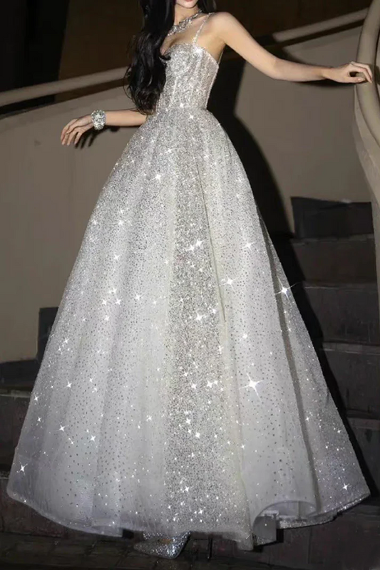 Glitter Spaghetti Straps Tulle Silver Sequin A Line Birthday Party Dress Long Evening Dress Prom Gown D1927
