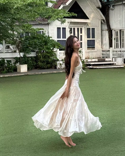 Elegant A Line Spaghetti Strap Print Floral Satin Long Party Dress Wedding Guest Dress SH3154