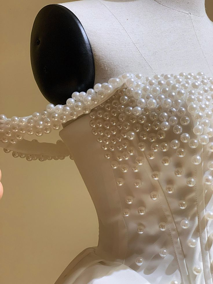 Classy Off The Shoulder Pearl Beaded Short Prom Dress White Formal Graduation Homecoming Dress D027