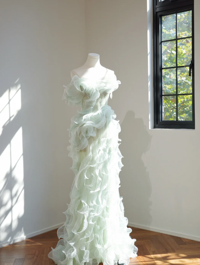 Chic Mint Green Strapless Sequin 3D Tulle Ruffles Mermaid Long Evening Dress Party Gown D2154
