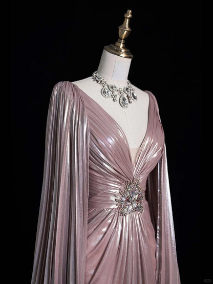 Luxury A-line Evening Prom Dress Long Sleeve V-neck Shiny Custom Made Party Gowns   fg7452