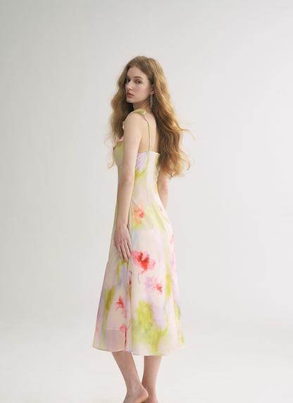 Dreamy A Line V Neck Print Floral Chiffon Summer Dress Party Dress Outfits SH4173