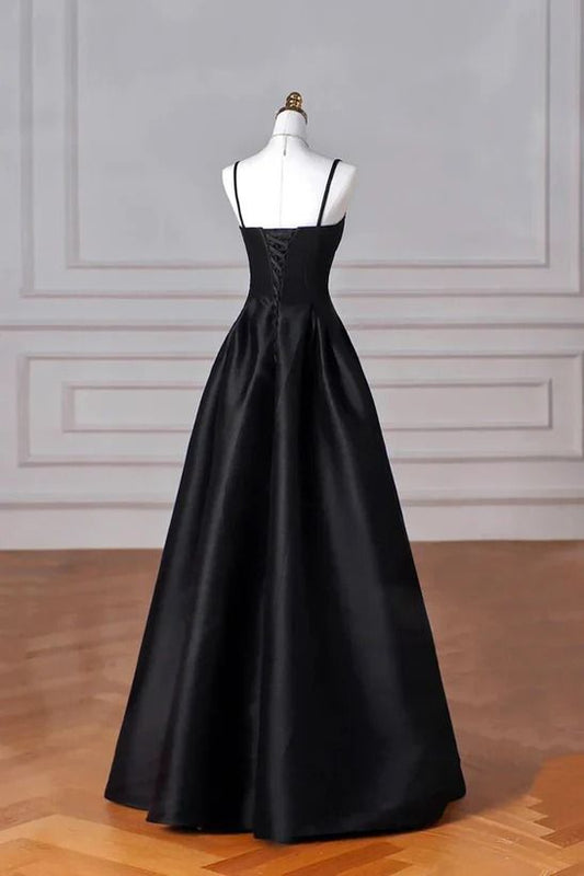 Elegant Black A Line Satin Long Prom Dress Formal Evening Dress     fg6742