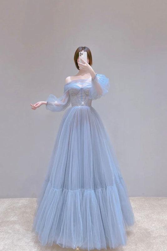 Blue Tulle Long Prom Dress, Beautiful Long Sleeve Tulle Evening Dress      fg6142