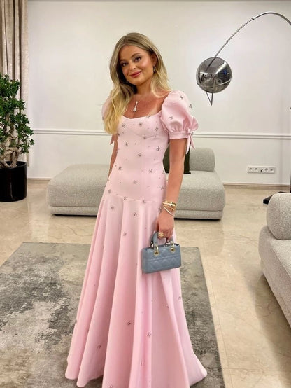 Pink Elegant Short Sleeves Prom Dress Evening Gown   fg7614