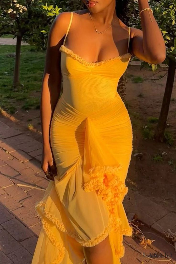 Romantic Ruffle Ruched High Low Maxi Dress Charming Evening Party Dress  fg7758
