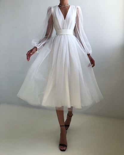 Graduation dress Short A Line Prom Dresses V Neck Long Puff Sleeve Tulle Formal Wedding Evening Party Dresses For Graduation    fg2856