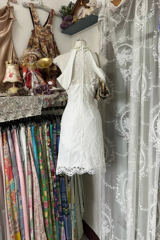 Vintage White A Line Halter Pearl Beaded Lace Homecoming Dress Cocktail Dress SH3711