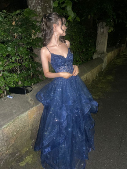 A Line Blue Shinny Tulle Party Dress Long Evening Dress Vintage Prom Dress    fg8153