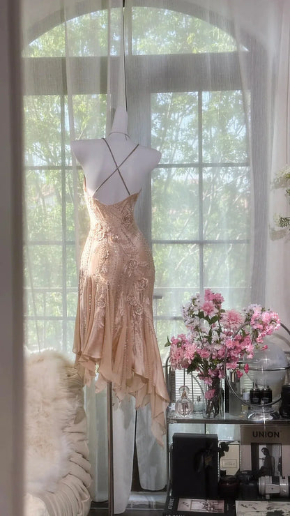 Vintage Mermaid Spaghetti Strap Beaded Ruffle Satin Chiffon Short Homecoming Dress SH2966