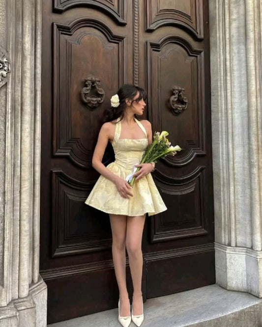 A Line Yellow Halter Short Evening Dress Homecoming Dress Short Party Dress    fg7802