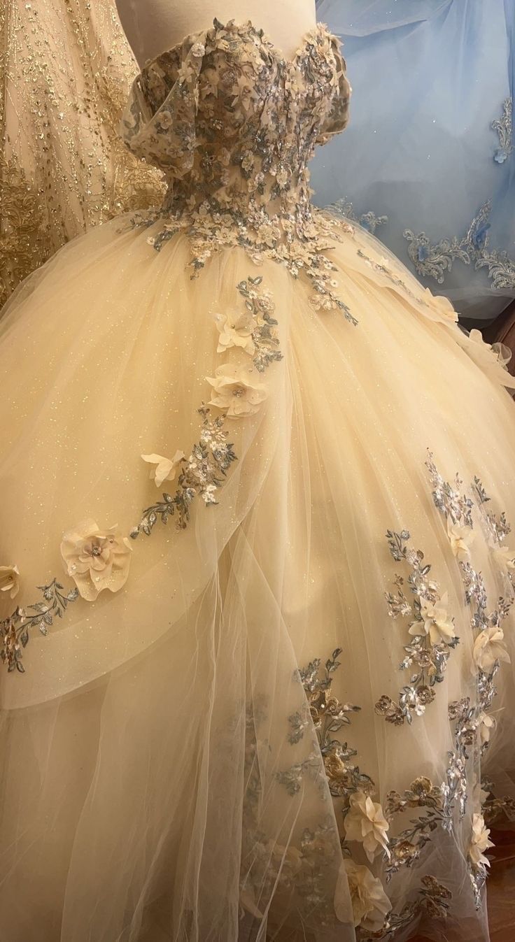 Champagne Quince Dress with Flowers Sweet 16 Dresses Off the Shoulder Ball Gown    fg8019