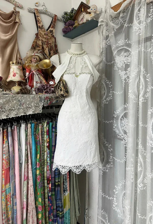 Vintage White A Line Halter Pearl Beaded Lace Homecoming Dress Cocktail Dress SH3711