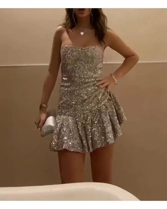 Vintage Sheath Strapless Layered Ruffle Mini Dresses Sequin Homecoming Dress   fg7921