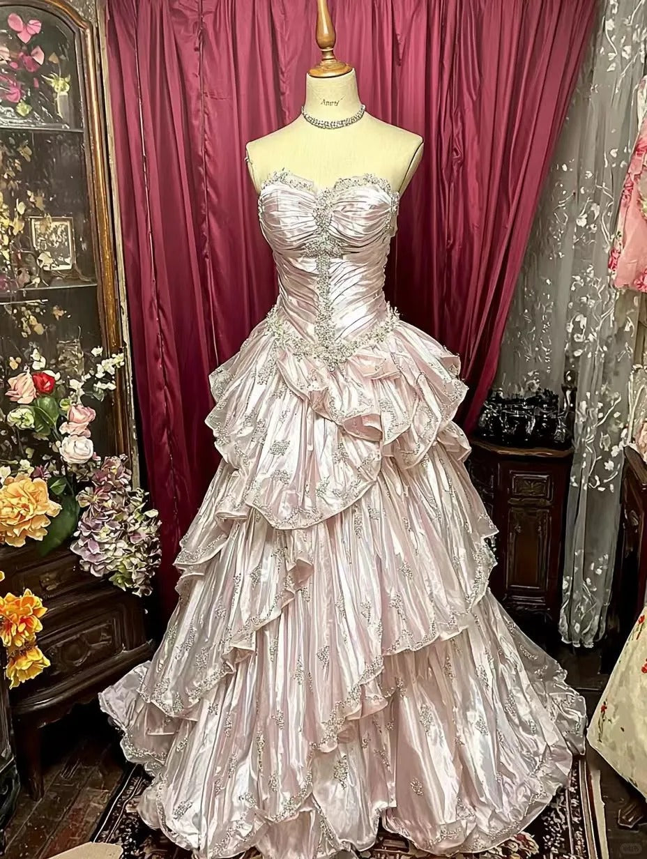 Vintage Pink Strapless Long Prom Party Dress Long Evening Dress   fg8084