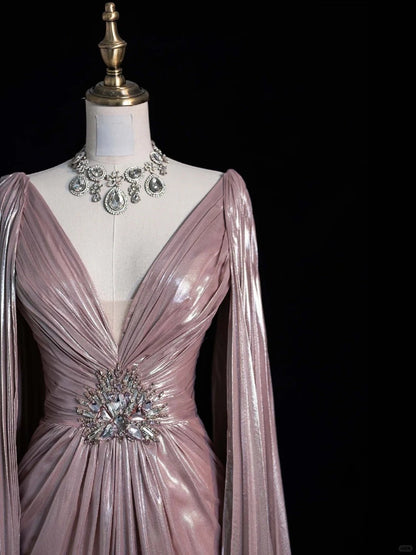 Luxury A-line Evening Prom Dress Long Sleeve V-neck Shiny Custom Made Party Gowns   fg7452
