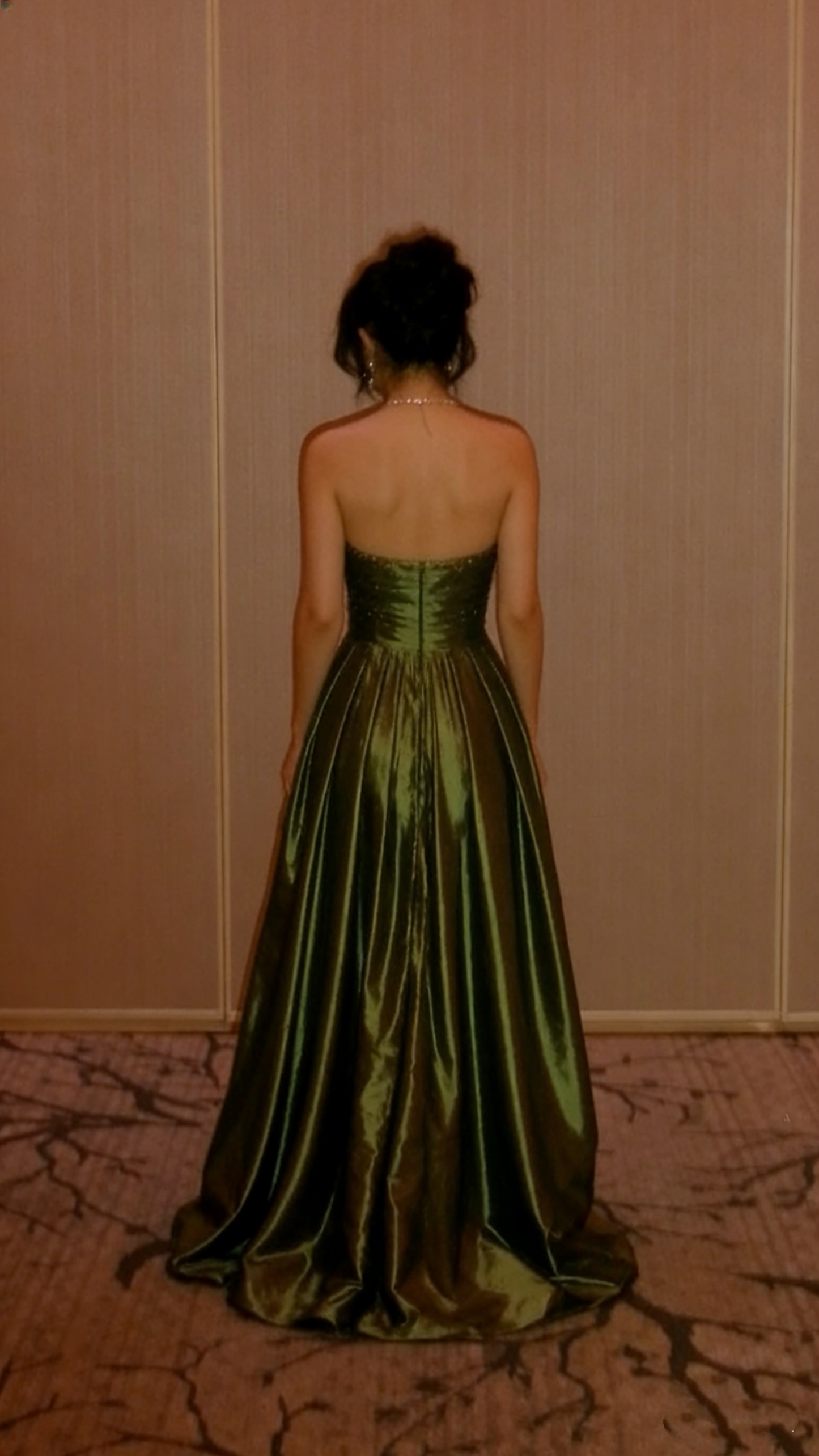 Elegant Olive Green Strapless Satin Sequin Long Birthday Party Dress Evening Gown  D1505
