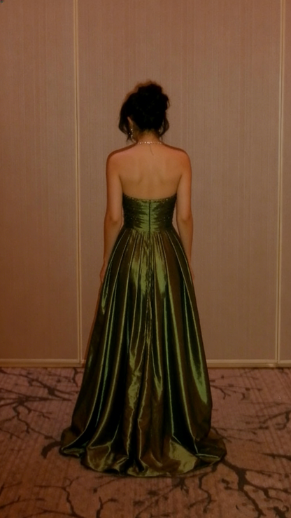 Elegant Olive Green Strapless Satin Sequin Long Birthday Party Dress Evening Gown  D1505
