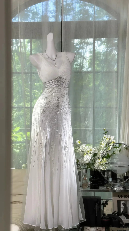 Gentle Mermaid V Neck Shiny Rhinestone White Chiffon Prom Dress Date Dress SH4329