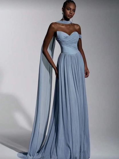 Dusty Blue One Shoulder Sweetheart Evenign Dress in Chiffon With Split