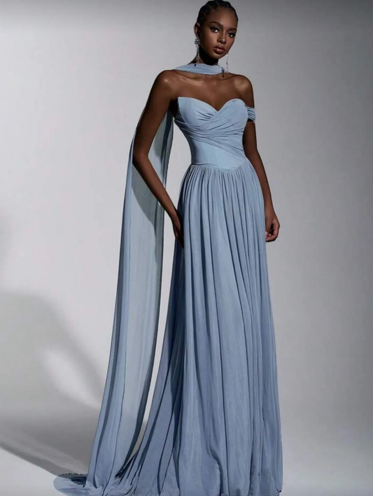 Dusty Blue One Shoulder Sweetheart Evenign Dress in Chiffon With Split