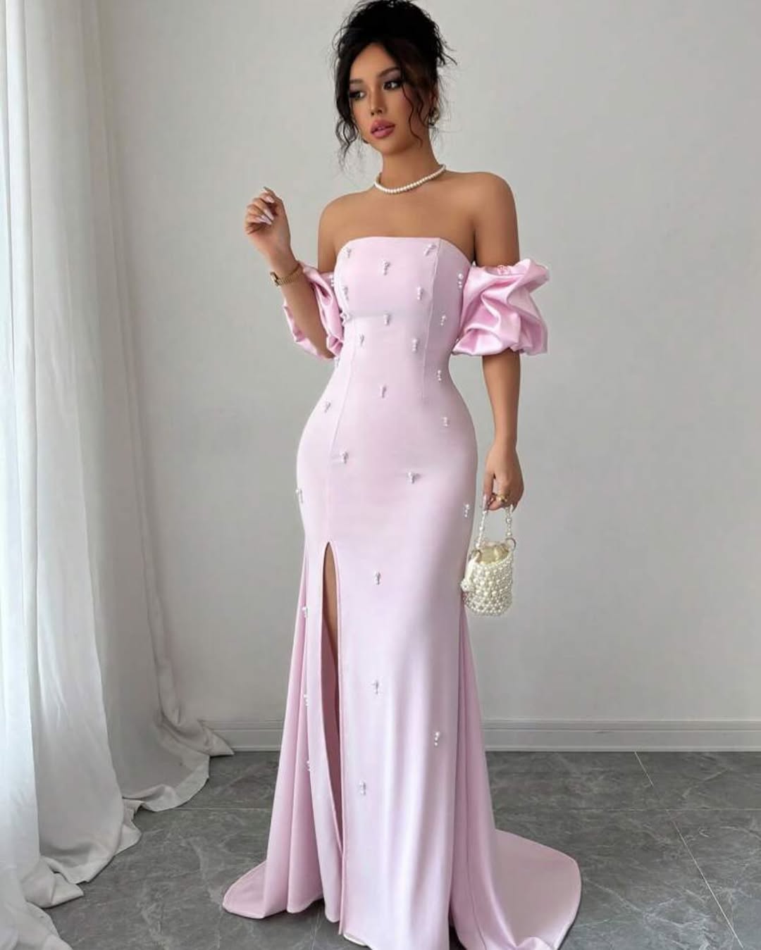 Chic Pink Strapless Beaded Bubble Sleeves Split Prom Dress with Pearl