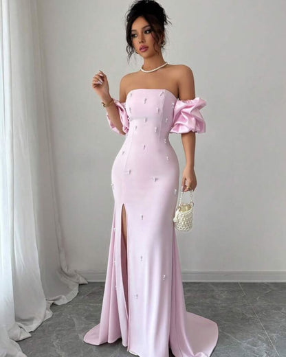 Chic Pink Strapless Beaded Bubble Sleeves Split Prom Dress with Pearl