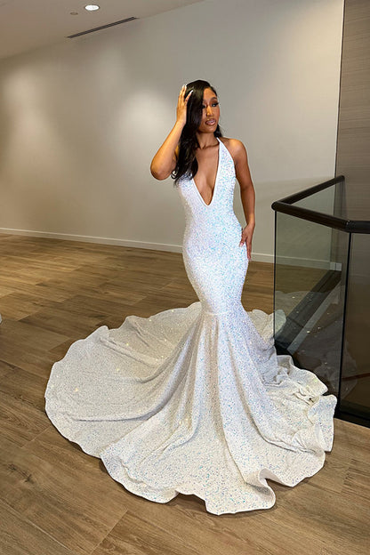 White Deep V Neck Laser Light Sleeveless Mermaid Princess Prom Dress Trumpet Open Back