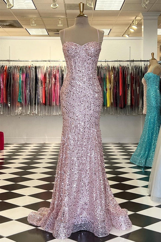 Elegant Sweetheart Mermaid Prom Dress Sequins With Spaghetti-Straps
