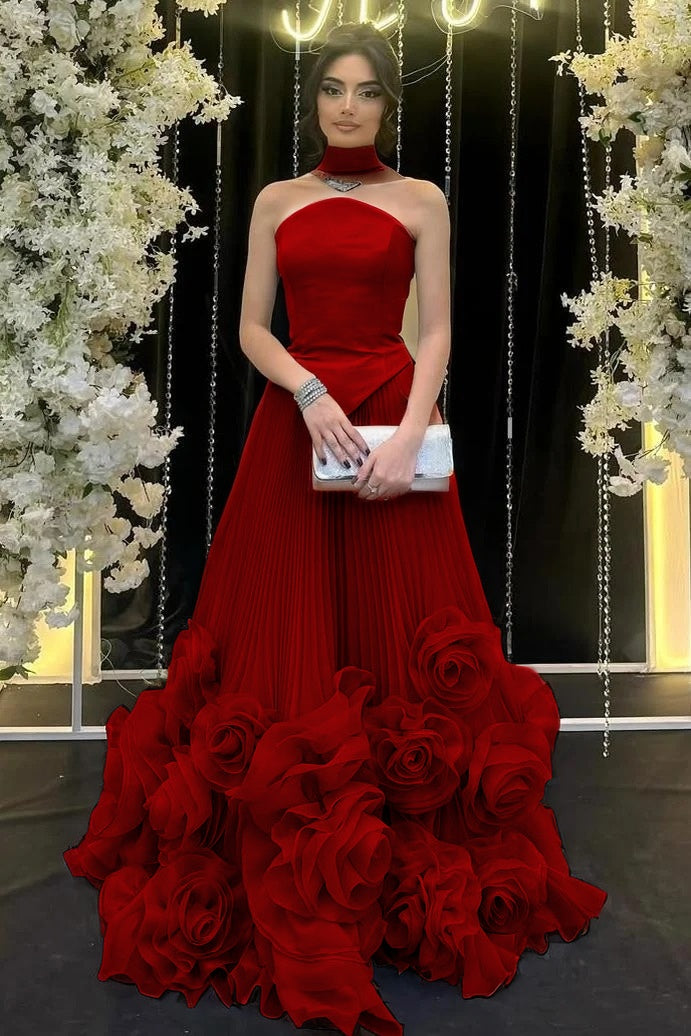 Strapless Sleeveless Long Ruffle Evening Dress With Flower Pleated