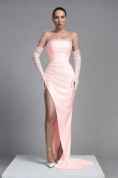 Black Sleeveless Long Split Pleated Evening Dress With Long Gloves