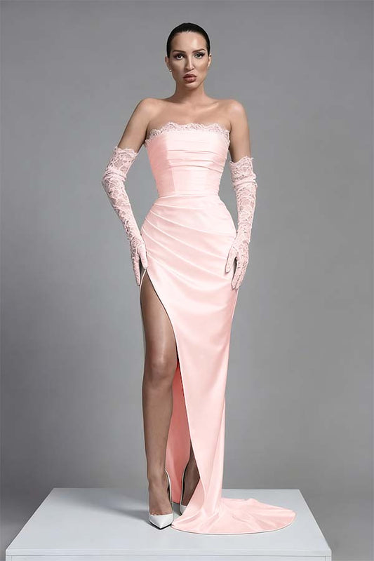 Black Sleeveless Long Split Pleated Evening Dress With Long Gloves