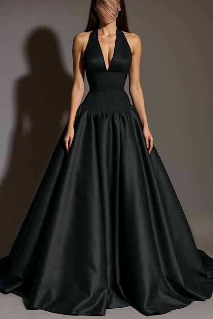 Sexy Sleeveless Halter Straps A-Line Deep V-Neck Long Prom Dress