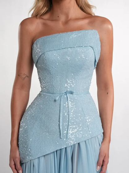 Charming Blue Straight Across Sleeveless Sequins Pleated Evening Dress