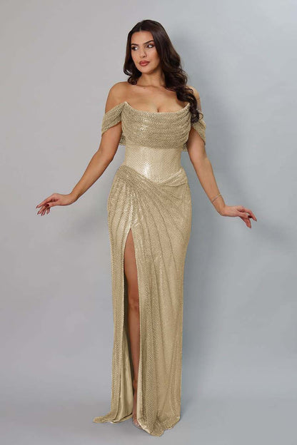 Amazing Gold Off the Shoulder Strapless Long Split Prom Dress with Pleated