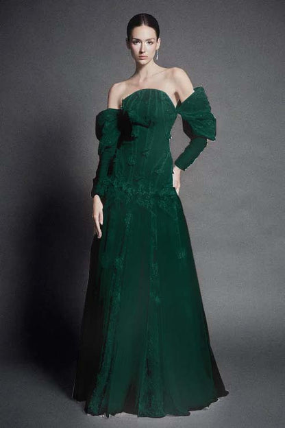 White Strapless Off-the-Shoulder A Line Evening Dress with Appliques