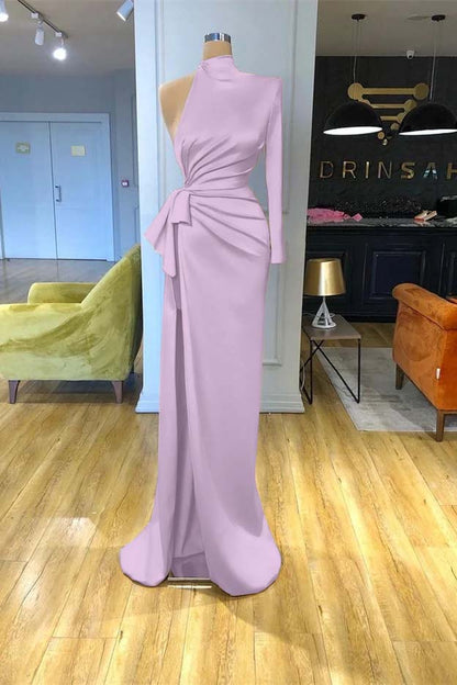 High Neck Champagne Mermaid Prom Dress Long Sleeves Split