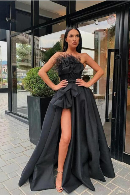 Long Black Prom Dress Slit With Feather