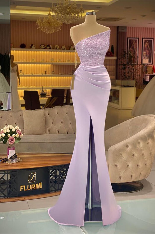 Light Purple Sleeveless Strapless Mermaid Prom Dress Long Slit with Sequins