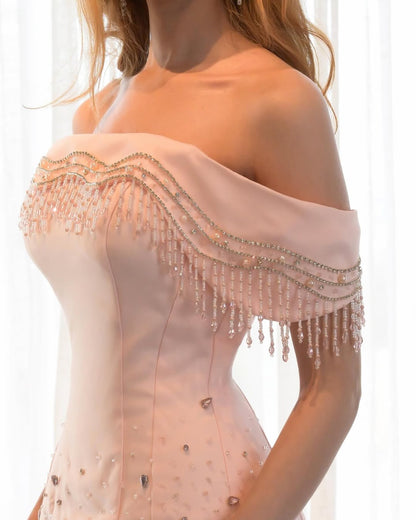 Sleeveless Square Off Shoulders Mermaid Evening Dress With Beading