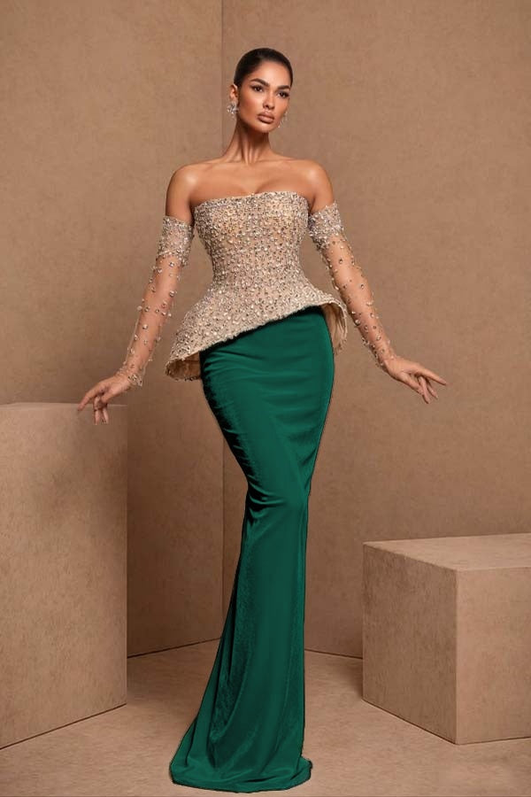 Black Sleeveless Strapless Mermaid Satin Beads Long Prom Dress With Gloves