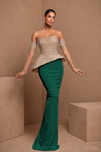 Black Sleeveless Strapless Mermaid Satin Beads Long Prom Dress With Gloves