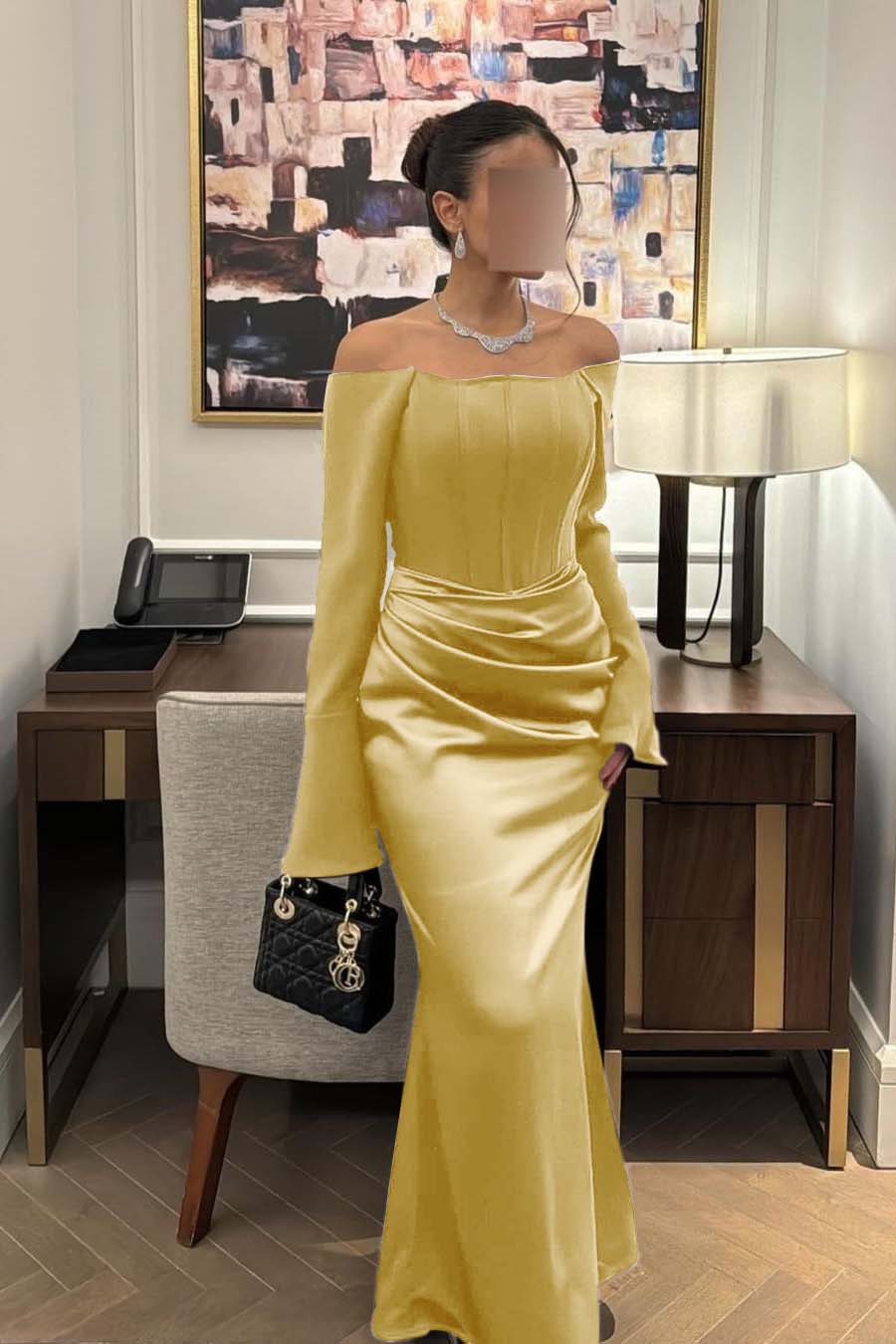 Chic Satin Regency Off the Shoulder Long Sleeves Mermaid Prom Dress with Pleated