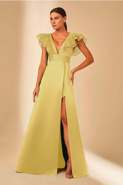 Charming Satin Spaghetti Strap Sleeveless V Neck Long Prom Dress with Split