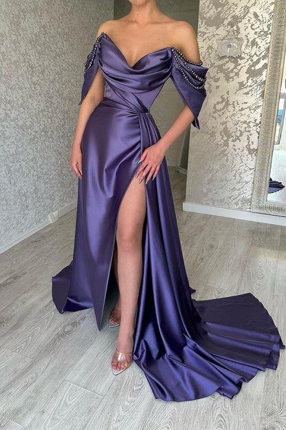 Amazing Satin Regency Off the Shoulder Strapless Pleated Split Prom Dress with Beadings