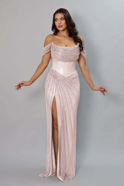 Amazing Gold Off the Shoulder Strapless Long Split Prom Dress with Pleated