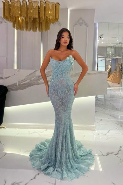 Gorgeous Strapless Sequins Mermaid Prom Dress With 3D-Blumen
